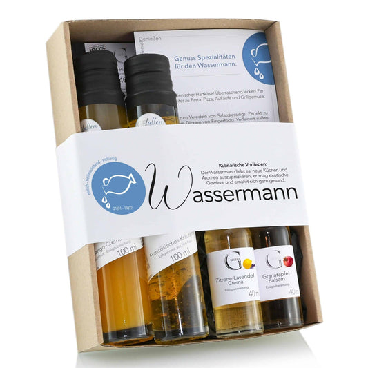 Hochwertige Geschenkbox Sternzeichen Wassermann von Genial Genießen mit fünf fein abgestimmten Öl-, Essig- und Gewürzspezialitäten für alle, die zwischen dem 21. Januar und 19. Februar geboren sind.