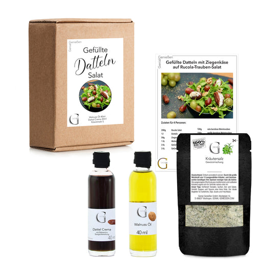 Genial Genießen Salat-Box für gefüllte Datteln mit ausgewählten Delikatessen und hochwertigen Zutaten für ein süß-herzhaftes Geschmackserlebnis.
