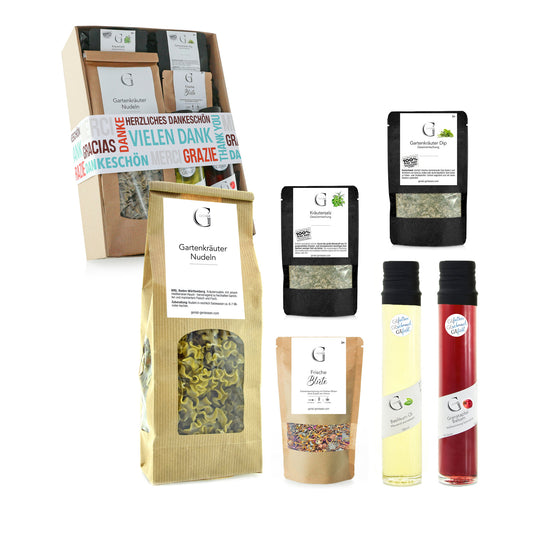 Feinkost Geschenkset Vielen Dank von Genial Genießen mit Balsamico, Kräuteröl, Gewürzen und Tee als stilvolle Aufmerksamkeit