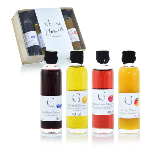 Hochwertiges Essig & Öl Geschenkset von Genial Genießen mit Mango Crema, Zitronen Öl, Granatapfel Balsam und Kräutersalz im Mini-Format