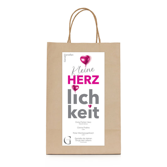 Geschenktüte Kleine Herzlichkeit von Genial Genießen mit ausgewählten Süßigkeiten, Likören und Tee als liebevolle Aufmerksamkeit für besondere Menschen