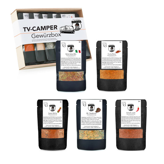 Geschenkset von Genial Genießen mit TV-Camper Gewürzbox, fünf Grill- und Campinggewürzen sowie dekorativer Banderole