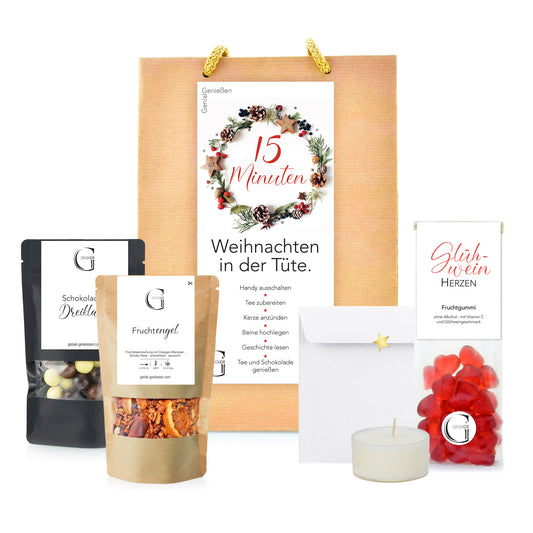 15 Minuten Weihnachten Geschenktüte von Genial Genießen mit Tee, Schokolade, Glühwein-Herzen, Kerze und Weihnachtsgeschichte für eine besinnliche Auszeit