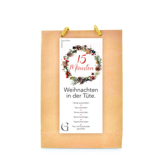 Liebevolle 15 Minuten Weihnachten Geschenktüte von Genial Genießen mit Kräutertee, süßen Naschereien, Teelicht und stimmungsvoller Weihnachtsgeschichte