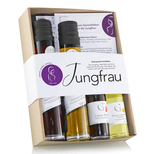 Sternzeichen Jungfrau Geschenkset von Genial Genießen mit ausgewählten Feinkostspezialitäten und liebevoll abgestimmten Genussprodukten für alle, die zwischen dem 24. August und 23. September geboren sind.