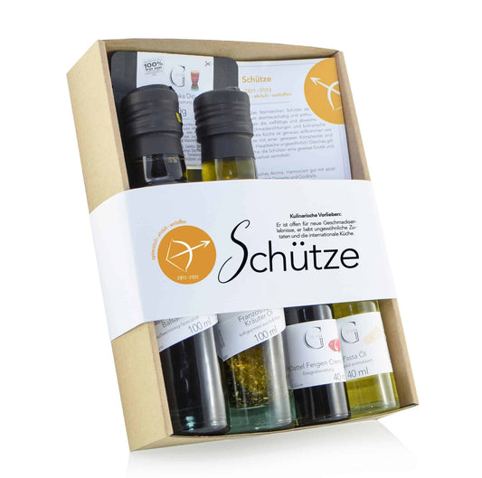Hochwertige Geschenkbox Sternzeichen Schütze von Genial Genießen mit internationalen Feinkostprodukten und aromatischen Spezialitäten für weltoffene und neugierige Geschmacksliebhaber.