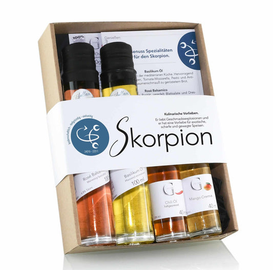 Sternzeichen Skorpion Geschenkset von Genial Genießen mit ausgewählten Feinkostspezialitäten wie Chili-Öl, Mango Crema, Rosé Balsamico und würzigen Dip-Gewürzen für intensive Genussmomente.