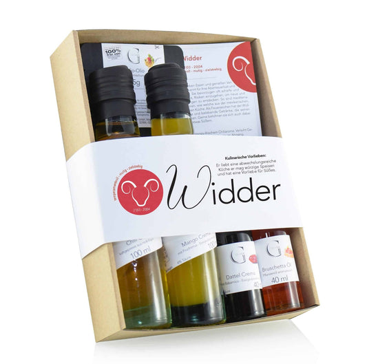 Sternzeichen Widder Geschenkset von Genial Genießen mit ausgewählten Feinkostspezialitäten und liebevoll abgestimmten Genussprodukten für alle, die zwischen dem 21. März und 20. April geboren sind.