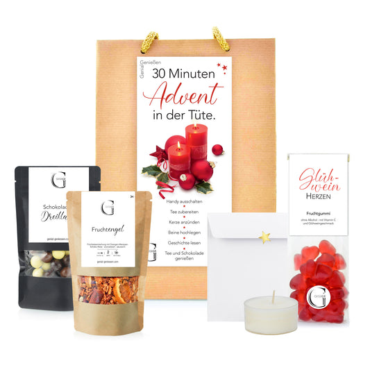 30 Minuten Advent Geschenktüte von Genial Genießen mit Früchtetee, Schokoladen Kugeln, Glühwein Herzen, Teelicht und Adventsgeschichte in Kraftpapiertüte