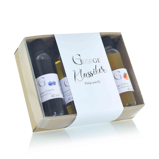 Essig und Öl Mini Klassiker Geschenkset von Genial Genießen mit fruchtigen Balsamico- und Ölvariationen in praktischer Geschenkbox