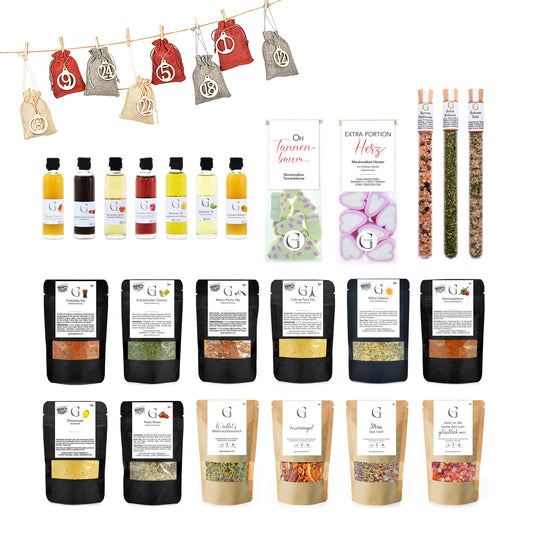 Adventskalender-Set für Kochgenüsse von Genial Genießen mit 24 ausgewählten Feinkostspezialitäten wie Ölen, Essigen, Gewürzen, Tees und süßen Überraschungen für genussvolle Kochmomente im Advent.