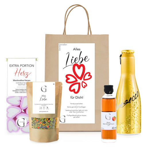 Alles Liebe für dich Geschenktüte von Genial Genießen mit Früchtetee, Frizzante Secco, Creme Praline Likör und Marshmallow Herzen in Geschenkverpackung