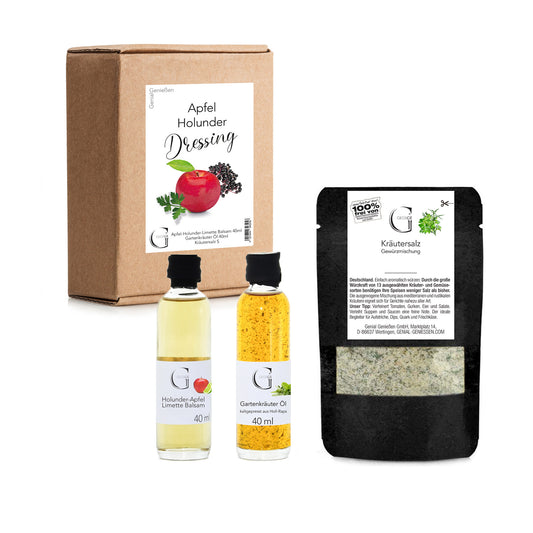 Hochwertiges Dressing-Set von Genial Genießen mit harmonisch abgestimmten Apfel- und Holundernoten, ideal zum Verfeinern von Salaten, Gemüsegerichten und leichten Speisen.