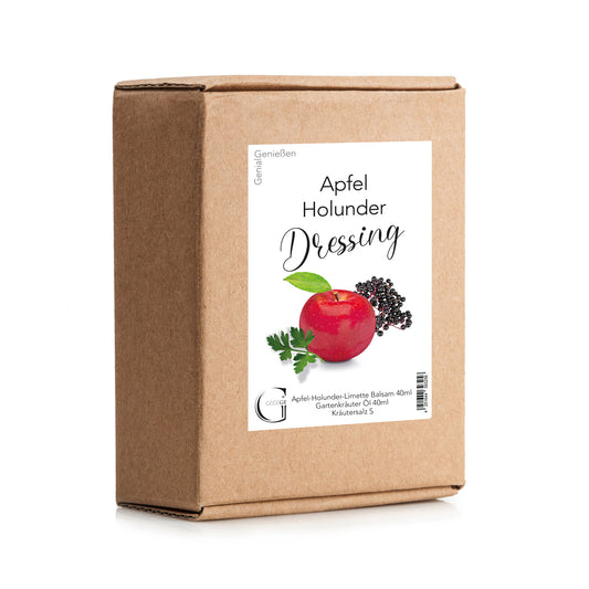 Genial Genießen Apfel & Holunder Dressing-Set in dekorativer Geschenkverpackung mit fruchtigen Apfel- und Holunderaromen sowie ausgewählten Feinkostzutaten für raffinierte Salatkreationen und besondere Genussmomente.