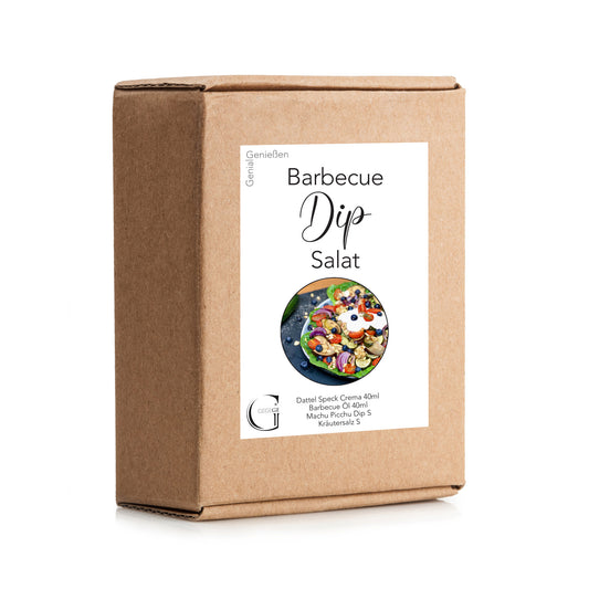 Barbecue Salat-Box von Genial Genießen mit ausgewählten Gewürzen, Ölen und Rezeptkarte für einen aromatischen BBQ-Salat – liebevoll verpackt in einer dekorativen Geschenkbox.