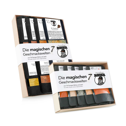 Geschenkset Die magischen 7 von Genial Genießen und Gewürz Micha mit sieben aromatischen Gewürzen zum Verfeinern von Fleisch, Gemüse, Fisch und internationalen Gerichten.