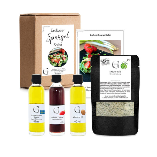 Genial Genießen Erdbeer-Spargel Genuss-Box mit hochwertigen Zutaten und Genussideen für raffinierte Frühlingsgerichte rund um Spargel und Erdbeeren.
