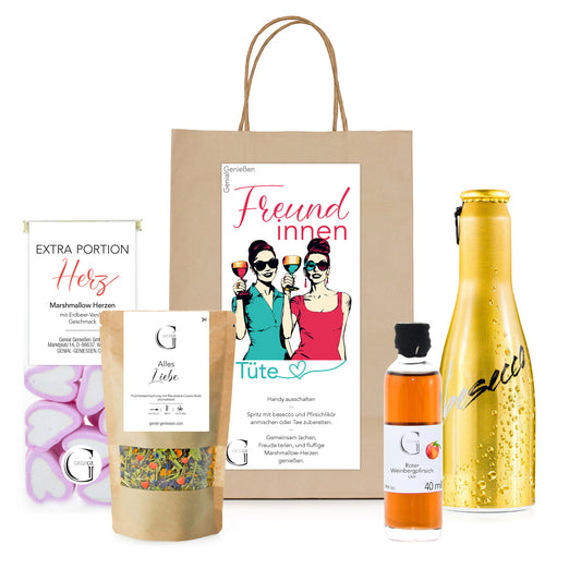 Freundinnen Geschenktüte von Genial Genießen mit Secco, Likör, Kräutertee und süßen Naschereien für einen genussvollen Mädelsabend