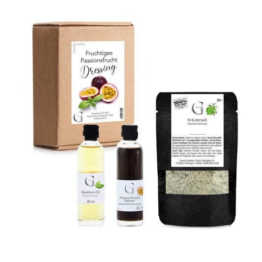 Genial Genießen Geschenkset mit fruchtigem Passionsfrucht-Dressing, stilvoll präsentiert in einer attraktiven Verpackung und ideal als Geschenk für Feinschmecker und Liebhaber besonderer Geschmackserlebnisse.