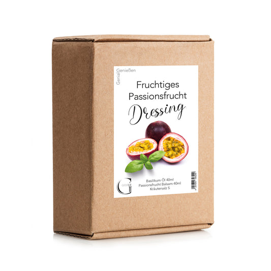 Genial Genießen Fruchtiges Passionsfrucht Dressing-Set in dekorativer Geschenkverpackung mit exotischer Passionsfrucht, hochwertigen Feinkostzutaten und ausgewählten Komponenten für fruchtig-frische Salatkreationen.