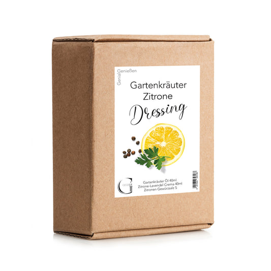 Genial Genießen Gartenkräuter & Zitrone Dressing-Set in dekorativer Geschenkverpackung mit aromatischen Gartenkräutern, feinem Zitronenöl und ausgewählten Feinkostspezialitäten für frische Salatkreationen.