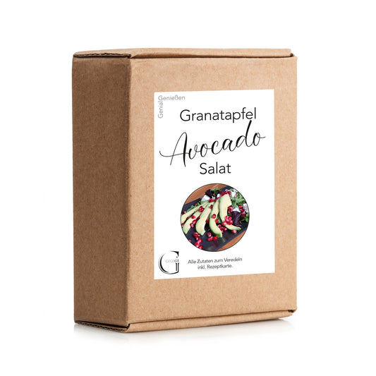 Granatapfel-Avocado Salat-Box von Genial Genießen mit ausgewählten Feinkostspezialitäten für einen fruchtig-frischen Salat mit Avocado und Granatapfel.