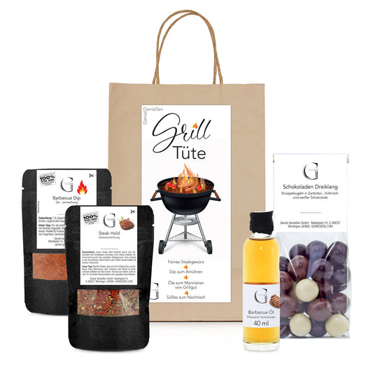 Grilltüte Geschenk von Genial Genießen mit Barbecue Öl, Steak Held Gewürz, Grill Dip und Schokoladen Dreiklang für perfekte Grillabende
