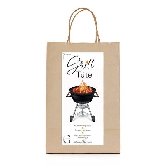 Feinkost Grill Geschenktüte von Genial Genießen mit BBQ Öl, Dip Gewürz und Gewürzmischung für Fleisch, Gemüse und Grillgerichte