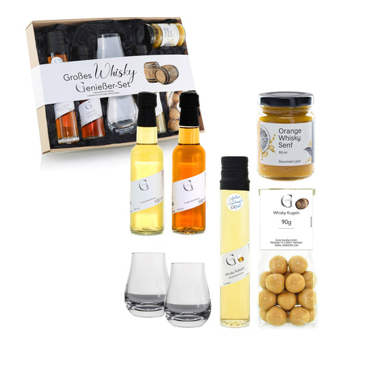 Hochwertige Whisky Geschenkbox von Genial Genießen mit Whisky Balsam, Whisky Senf, Whisky Kugeln und ausgewählten Single Malt Whiskys
