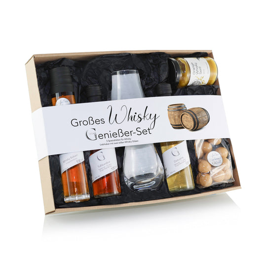 Großes Whisky Genießer Geschenkset von Genial Genießen mit erlesenen Single Malt Whiskys, Nosing-Gläsern und exklusiven Whisky-Spezialitäten