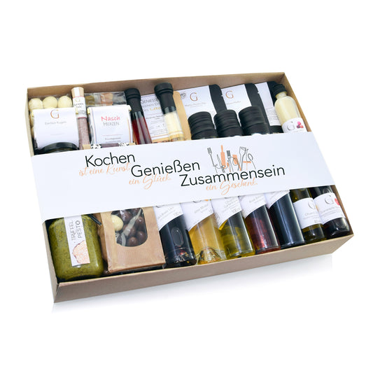 Genial Genießen Geschenkset „Kochen, Genießen & Zusammensein“ mit ausgewählten Feinkostprodukten wie Gewürzen, Ölen und kulinarischen Spezialitäten in dekorativer Geschenkverpackung für gemeinsame Genussmomente.