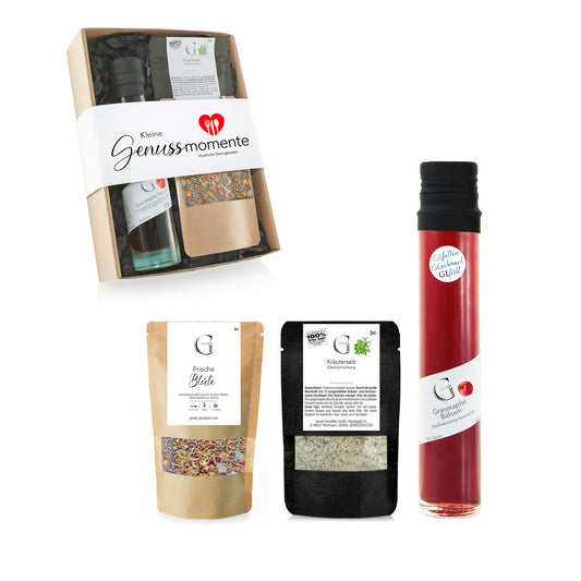 Feinkost Geschenkset Kleine Genussmomente von Genial Genießen mit Balsam, Gewürzen und Tee für besondere Genussmomente im Alltag