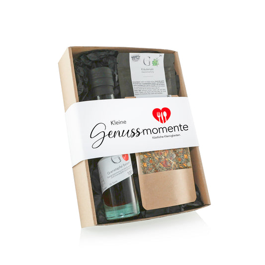 Kleine Genussmomente Geschenkset von Genial Genießen mit Granatapfel Balsam, Kräutersalz und Kräutertee in hochwertiger Geschenkverpackung