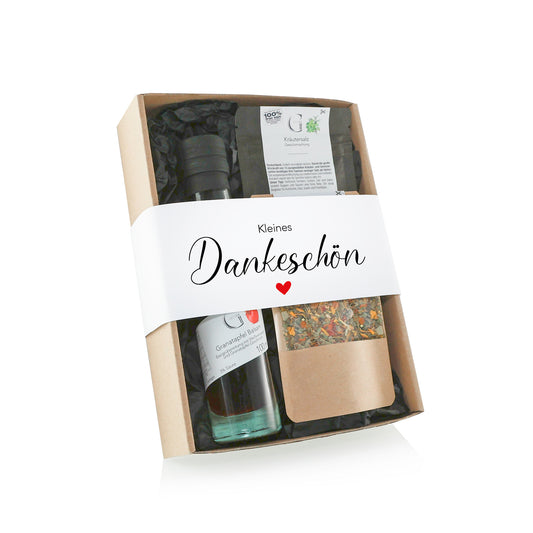 Kleines Dankeschön Geschenkset von Genial Genießen mit Granatapfel Balsam, Kräutersalz und Kräutertee in hochwertiger Geschenkverpackung