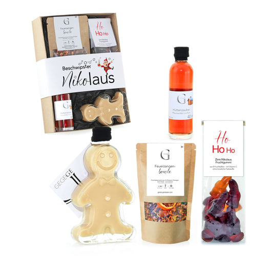 Festliches Genial Genießen Geschenkset „Beschwipster Nikolaus“ mit winterlichen Spezialitäten, Likör, Tee und süßen Leckereien liebevoll in einem edlen Geschenkkarton arrangiert.