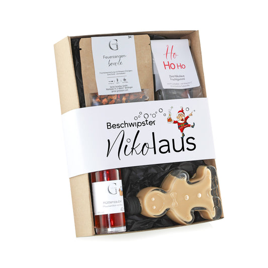 Genial Genießen Beschwipster Nikolaus Geschenkset mit Pflaumenlikör, Feuerzangenbowle-Tee, weihnachtlichen Fruchtgummis und gefülltem Lebkuchenmann in hochwertiger Geschenkverpackung für Nikolaus und Advent
