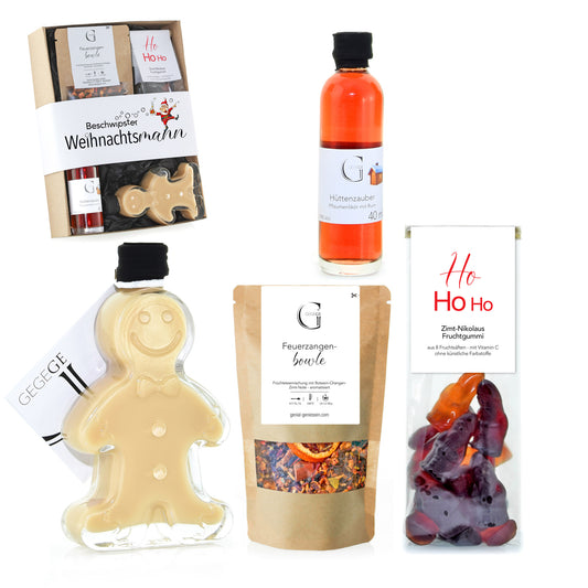 Weihnachtliches Genial Genießen Geschenkset „Beschwipster Weihnachtsmann“ mit Likör, süßen Köstlichkeiten und saisonalen Delikatessen als besondere Geschenkidee für die Adventszeit.