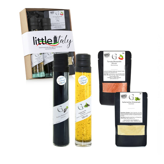 Italienisches Feinkost Geschenkset Little Italy von Genial Genießen mit Balsamico, Kräuteröl, Gewürzen und mediterranen Spezialitäten für Pasta und Salate