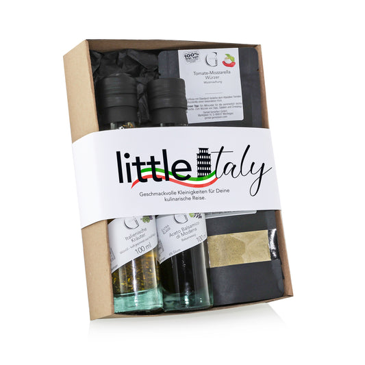 Little Italy Geschenkset von Genial Genießen mit Aceto Balsamico, italienischem Kräuteröl, Kräutersalz und Tomaten-Mozzarella-Würzer in Geschenkverpackung