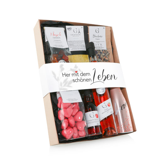 Her mit dem schönen Leben Geschenkset von Genial Genießen mit Tee, Likör, Frizzante, Fruchtgummis und ausgewählten Genussprodukten in edler Geschenkverpackung