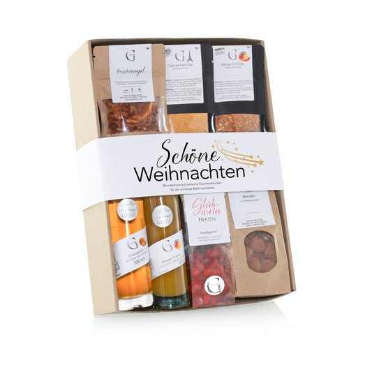 GeGeGe Schöne Weihnachten S Geschenkset von Genial Genießen mit ausgewählten Feinkostspezialitäten und weihnachtlichen Köstlichkeiten als stilvolle Geschenkidee zur Advents- und Weihnachtszeit.