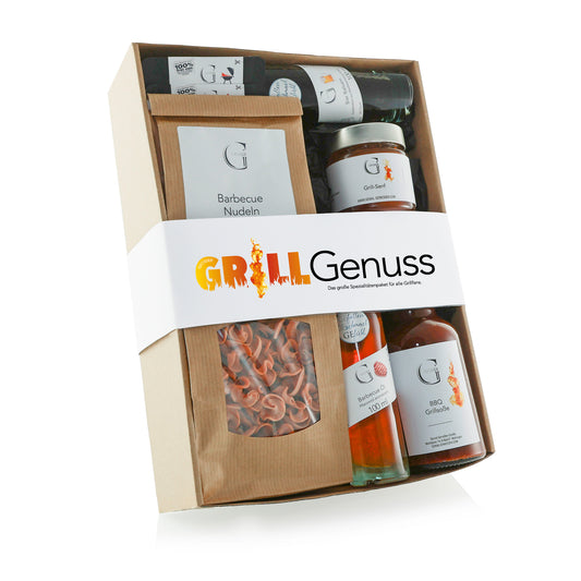 Großer Grill Genuss Geschenkset von Genial Genießen mit ausgewählten BBQ-Spezialitäten, Gewürzen und Feinkost für Grillliebhaber