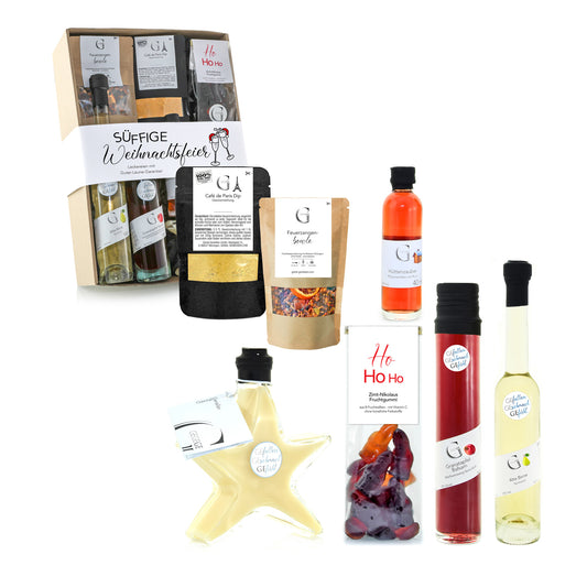 Festliches Geschenkset von Genial Genießen mit süffigen Köstlichkeiten, hochwertigen Delikatessen und weihnachtlichem Genuss für gesellige Feiern und besondere Anlässe.