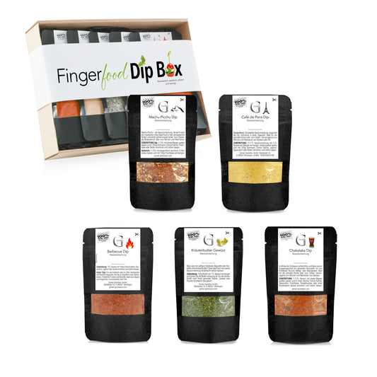 Geschenkbox von Genial Genießen mit Café de Paris Dip, Chakalaka Dip, Kräuterbutter Gewürz, Machu Picchu Dip und Barbecue Dip in edlem Geschenkkarton.