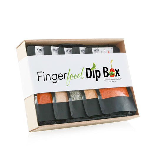 Genial Genießen Dip Box Fingerfood Geschenkset mit fünf exklusiven Dip-Gewürzen in hochwertiger Geschenkverpackung für Fingerfood, Partys und kulinarische Genussmomente.