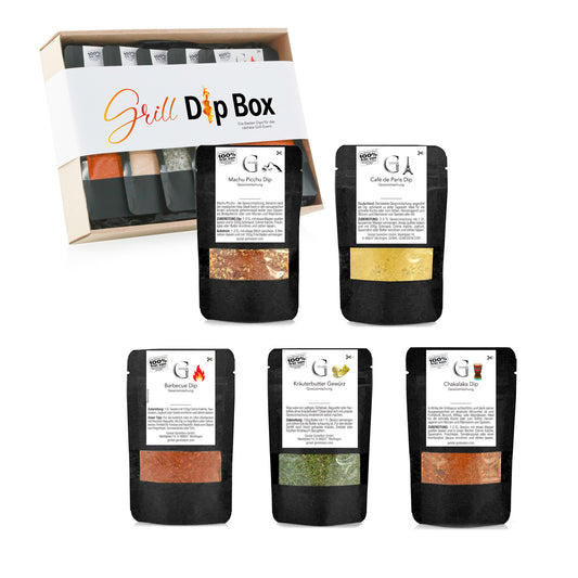 Geschenkset von Genial Genießen für Grillfans mit aromatischen Dip-Gewürzen und vielseitigen Grillbegleitern