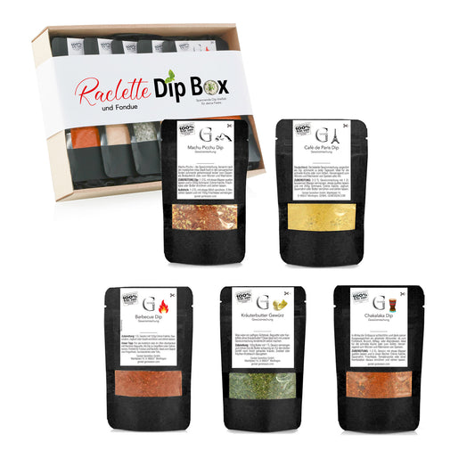 Geschenkbox von Genial Genießen mit Café de Paris Dip, Chakalaka Dip, Kräuterbutter Gewürz, Machu Picchu Dip und Barbecue Dip – perfekt als kulinarisches Geschenk für Raclette- und Fondue-Fans.