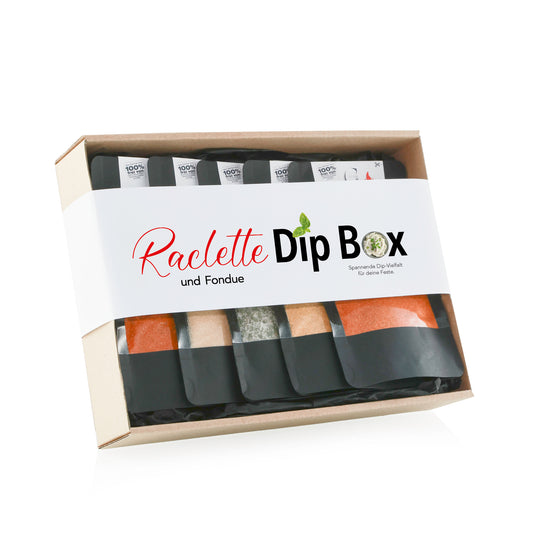 Genial Genießen Raclette & Fondue Dip Box Geschenkset mit fünf ausgewählten Dip-Gewürzen in hochwertiger Geschenkverpackung für gesellige Raclette- und Fondue-Abende.