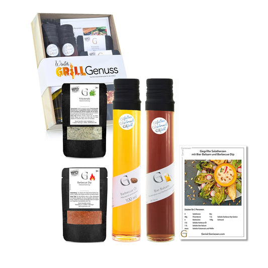 Genial Genießen Grill-Geschenkset mit ausgewählten BBQ-Spezialitäten, würzigen Dips, Gewürzen und Rezeptkarte als ideales Geschenk für Grillabende und Genussmomente.