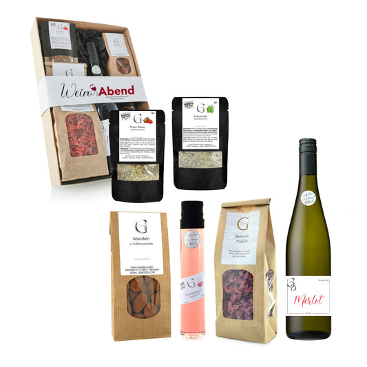 Hochwertiges Rotwein Geschenkset Weinabend von Genial Genießen mit Merlot, Feinkost, Gewürzen und süßen Spezialitäten für einen genussvollen Abend